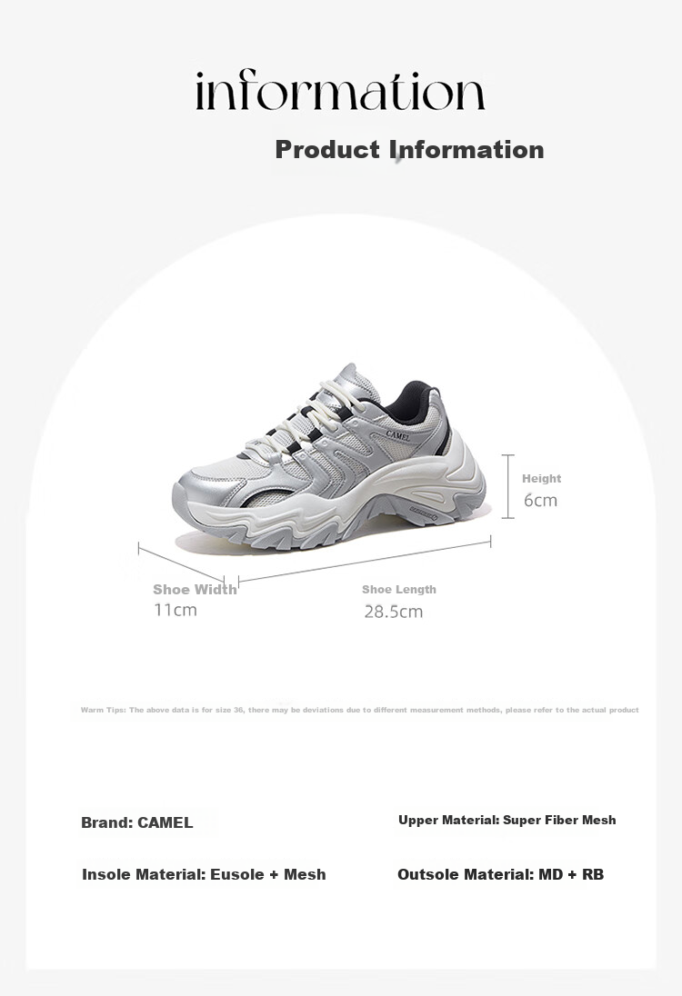 CAMEL [Yunbu] Women's Outdoor Casual Shoes, Height-Increasing Dad Shoes, Thick-Soled Versatile Non-Slip Hiking Shoes, F25B397045 11