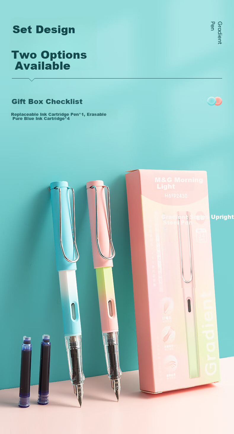M&G Stationery EF Pointed Student Posture-Correcting Writing Pen Set with Skin-Friendly Replaceable Ink Cartridges (Pen *1 + 3.4mm Diameter Ink Cartridges *4), Gradient Pink Barrel HAFP2430 Preschool to Elementary Transitio 12