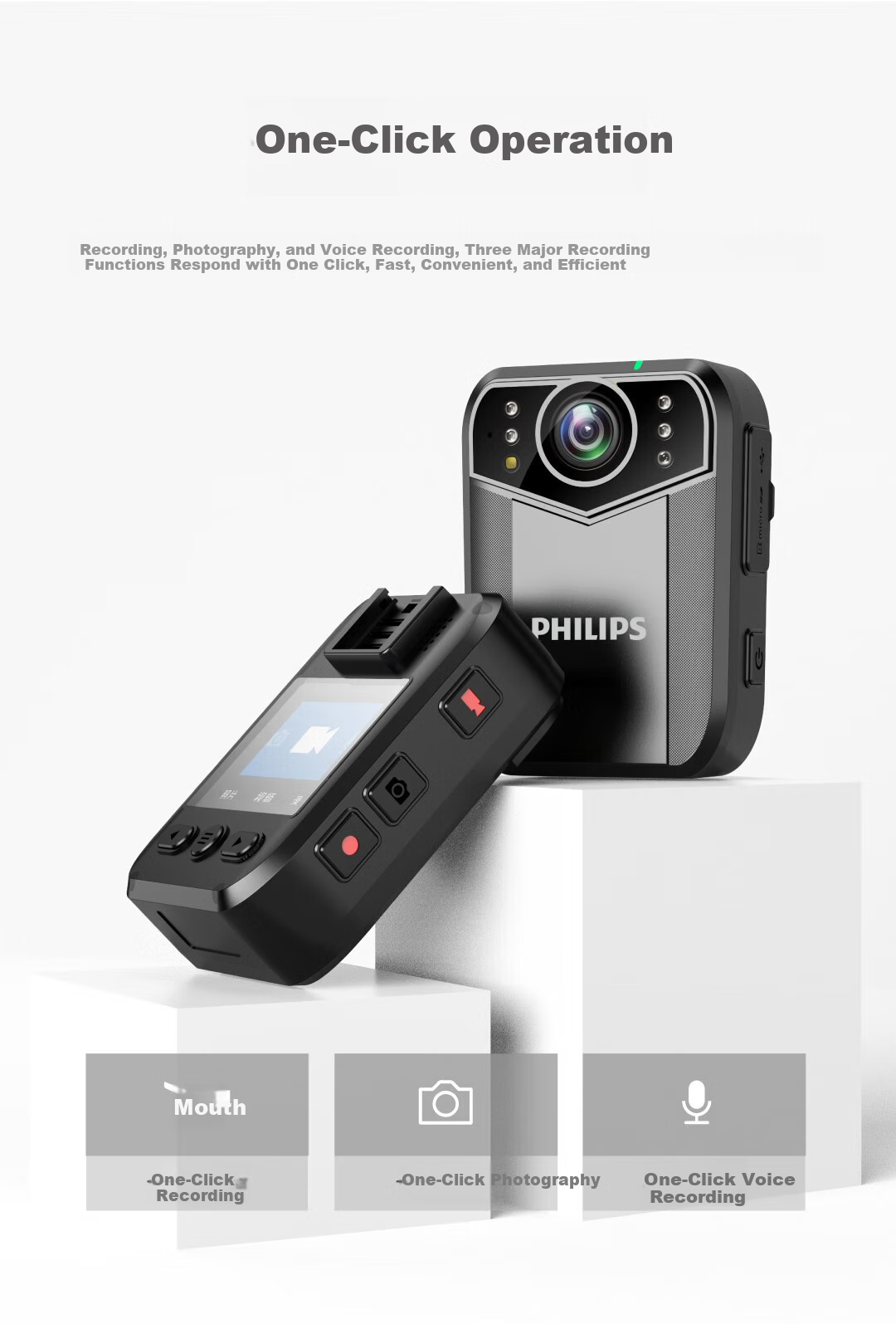 PHILIPS VTR8003 Body-Worn Explosion-Proof 3K HD Video Recorder, Portable Chest-Mounted Mini Recorder with Night Vision, 512GB 8