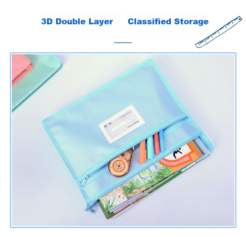 Bailiwen F6256 Blue-Green 3-Pack Subject Bags, Double-Layer 3D Zipper Pouches, School Bag, Homework Storage Bag, Exam Paper Bag, A4 Document Folder 2