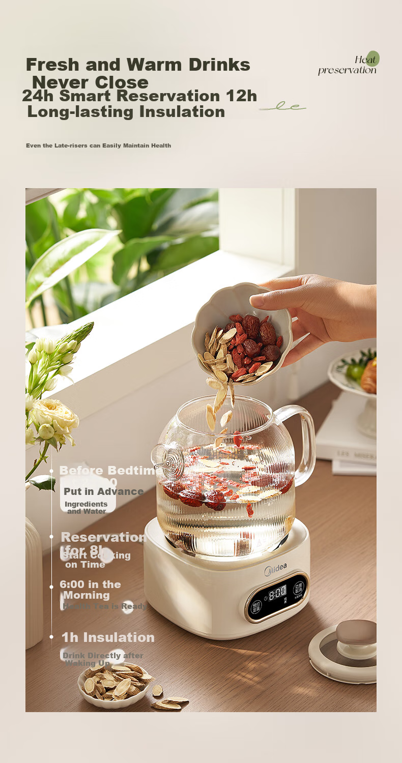 Midea Huayang Zero Glue Fully Glass Automatic Health Pot, Office Multifunctional Tea Kettle, Electric Water Boiler, Tea Maker, 1L, YS10B101 12