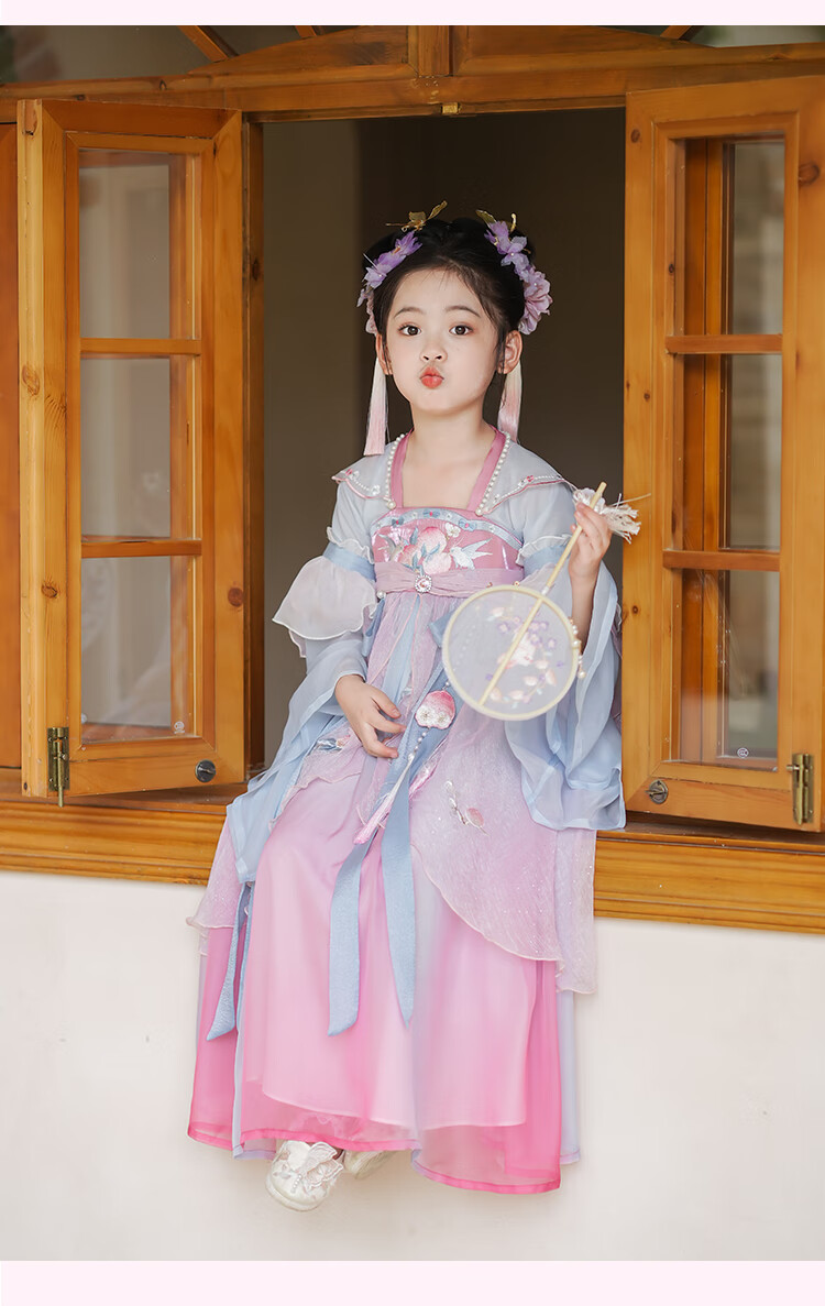 Qibo Hanfu Girls' Spring And Autumn New Style Children's Ancient-Style Ethereal Dress, Chitu (Without Tassel Accessories), Size 150 17