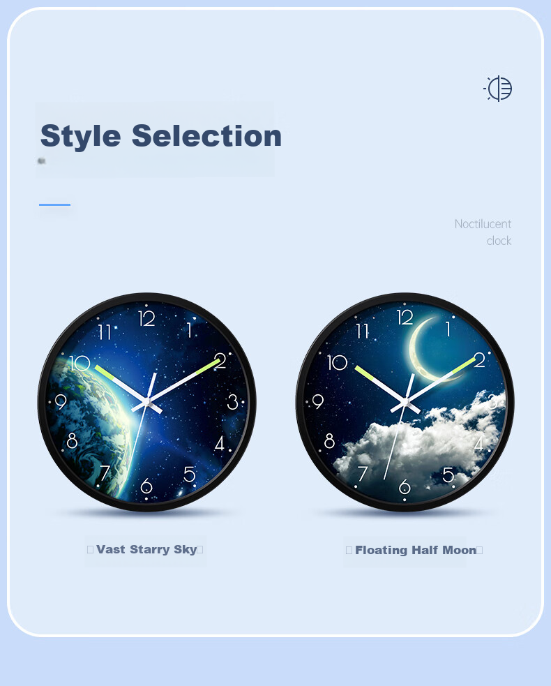 BBA Wall Clock, Creative Night Light, Living Room Wall-Mounted, Home Use Luminous Wall Clock, Bedroom Timepiece, Moon - Ambient Light, 30cm 15