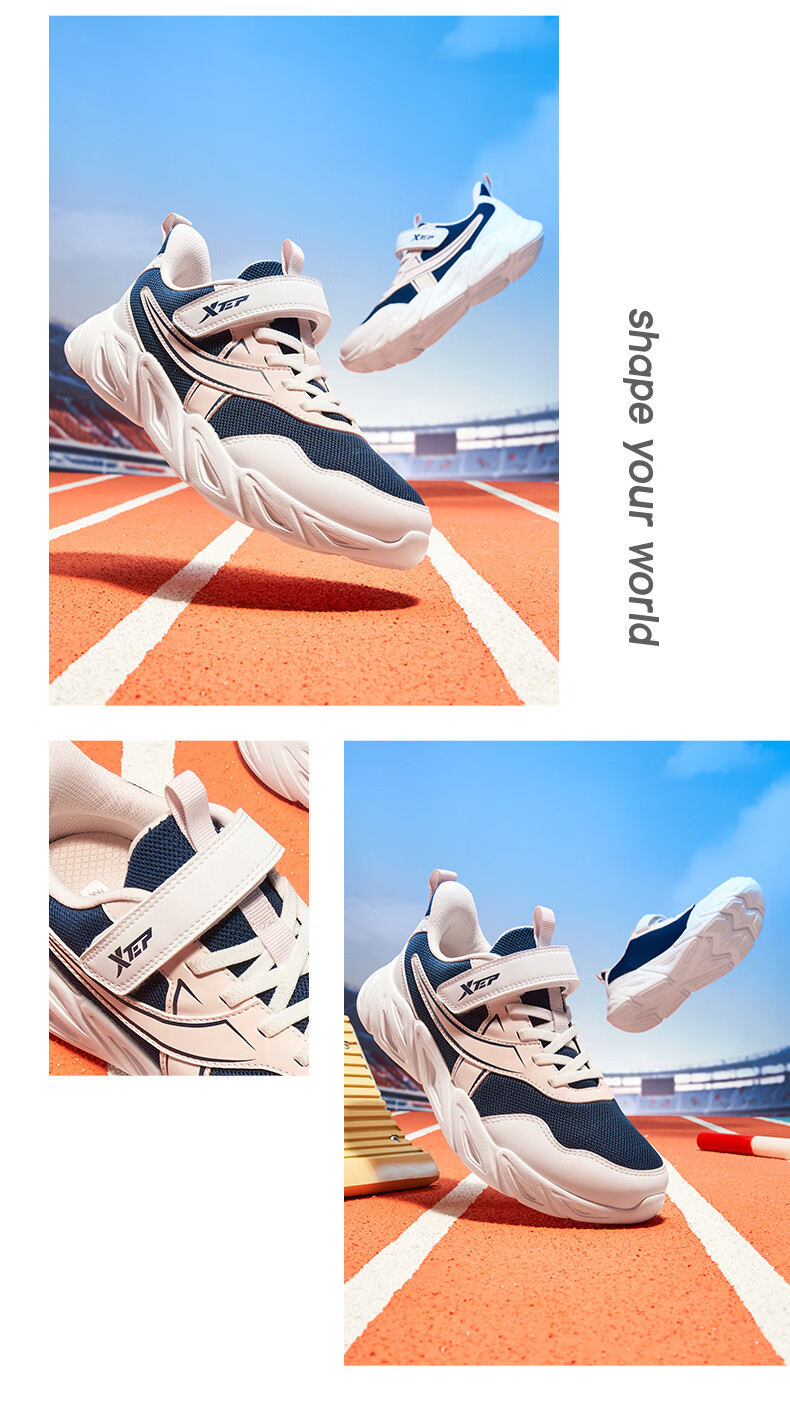 XTEP Kids Basic Running Shoes Velcro Girls Leather Casual Sports Shoes Navy Purple/Off-White Size 36 4