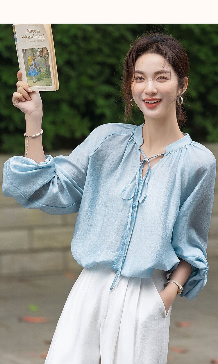 Demana [Simple Life] Spring and Autumn Lightweight Oxygen Linen Lyocell Blend Elegant V-Neck Ribbon Pocket Sleeve Women's Shirt 26