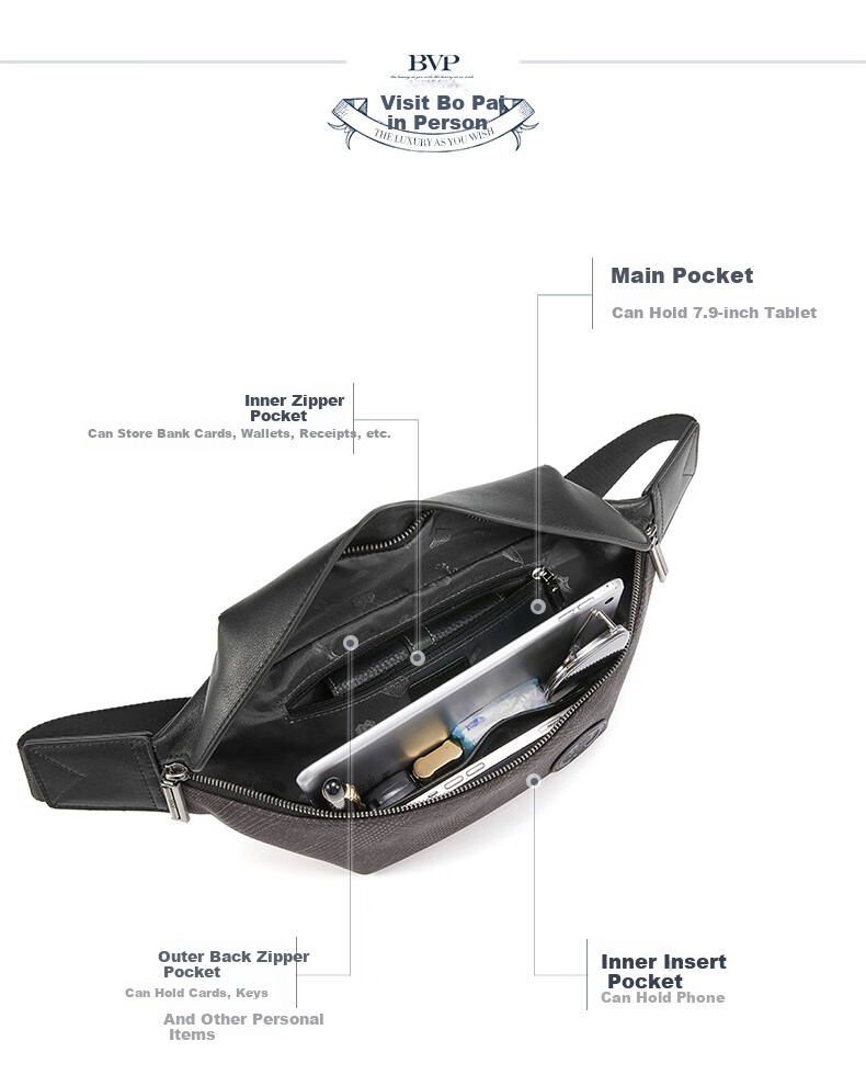 BVP Casual Cowhide Chest Bag, New Fashion Shoulder Bag for Men, Crossbody Bag, Travel Small Backpack, Birthday Gift 11
