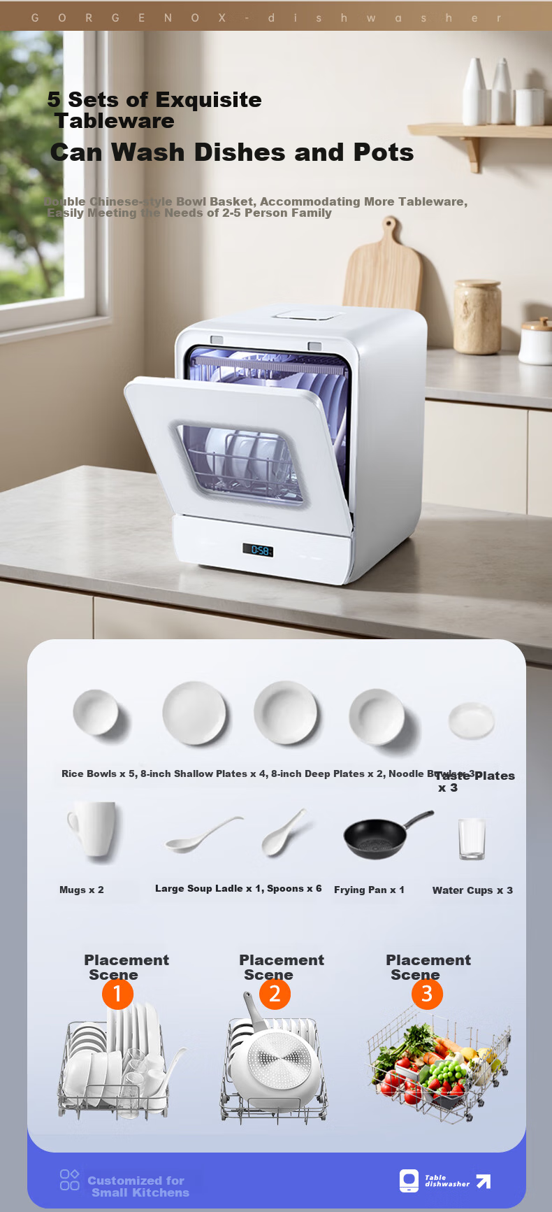 GORGENOX Dishwasher Tabletop 5-Place Setting Household Set with Baby And Maternity Care, Dish Washing, Disinfection, Drying And Storage All-In Small Soft Water System Hot Air Drying UV Sterilization DW5-D40A 4