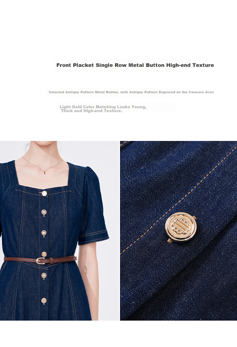 Navigare Women's Vintage Square Neck Denim Skirt, Waist-Cinching Slim-Fit Short-Sleeve Dress 2322874526 8