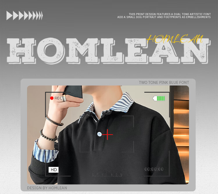Homlean American-Style Faux Two-Piece Sweatshirt for Men, Spring Heavyweight Long-Sleeve College Style Casual Lapel Top HX51 Black 2XL 1