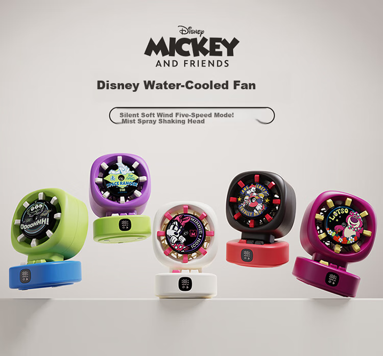 Big Ear Fox Disney Desktop Mini Fan Mist Cooling Small Air Conditioner Bladeless Oscillating USB Rechargeable Student Dormitory Desk Small Electric Fan Long Battery Life Strawberry Bear 1