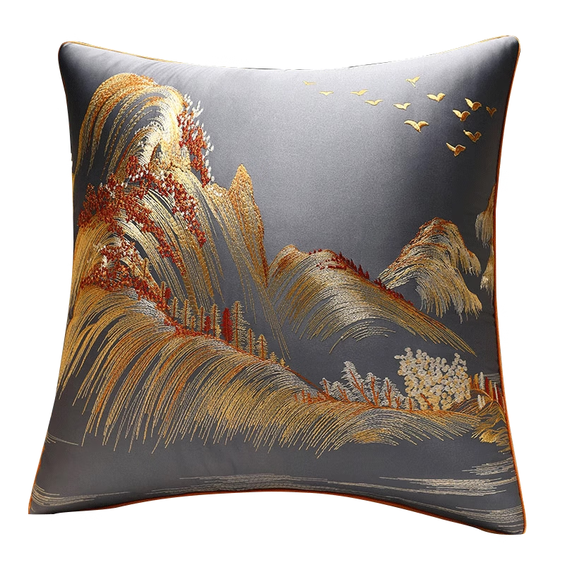 Huaman Shengtang Car Seat Cushion Pillow with Core Sofa Chinese Style Backrest Cushion Bed Back Cushion Fuchun Mountain Residence Yellow 45*45cm