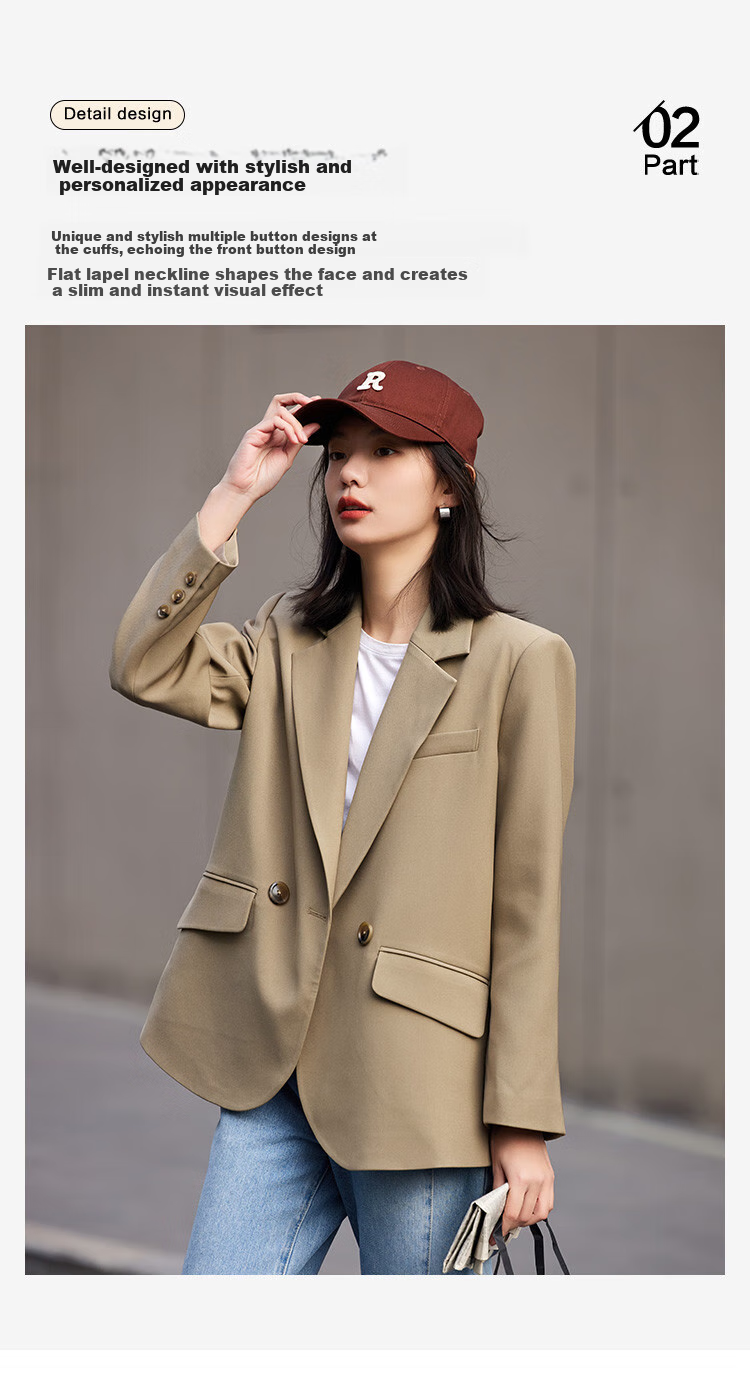 Dme [Turn-Down Collar Blazer] Spring Top, Curved Hem, Loose Suit Jacket for Women, Khaki, Size S 7