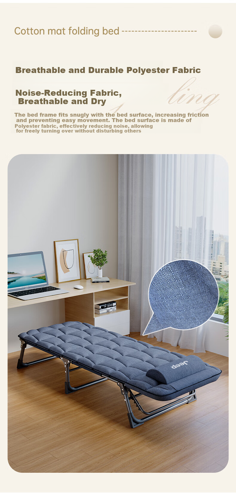 JEEP Folding Bed Lounge Chair Single Bed Office Nap Companion Bed Camp Bed with Comfortable Cotton Pad 5