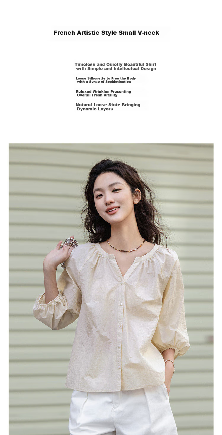 Dme [Bian Dao Qing Shi] Spring Literary Style Simple V-Neck Mid-Sleeve Shirt, Lightweight Breathable Blouse, Women's Top 1