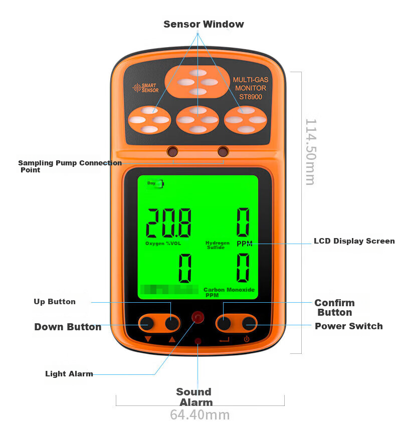 Xima ST8990 Four-In Gas Detector, Pump-Suction Explosion-Proof Gas Alarm, Industrial 14