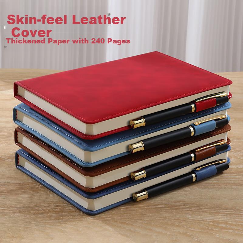 Jiaranheng Notebook A4 Thick Journal, Business Skin-Feel Leather Cover Large Notebook, Work Diary, Meeting Record Book, Office Stationery, Customizable, Red