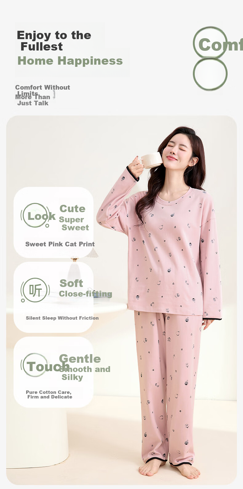 FENTENGCARE Women's Pajamas, Spring 2026 New Collection, Pure Cotton Soft Cotton Cute Cat Home Wear Set for Wome 3