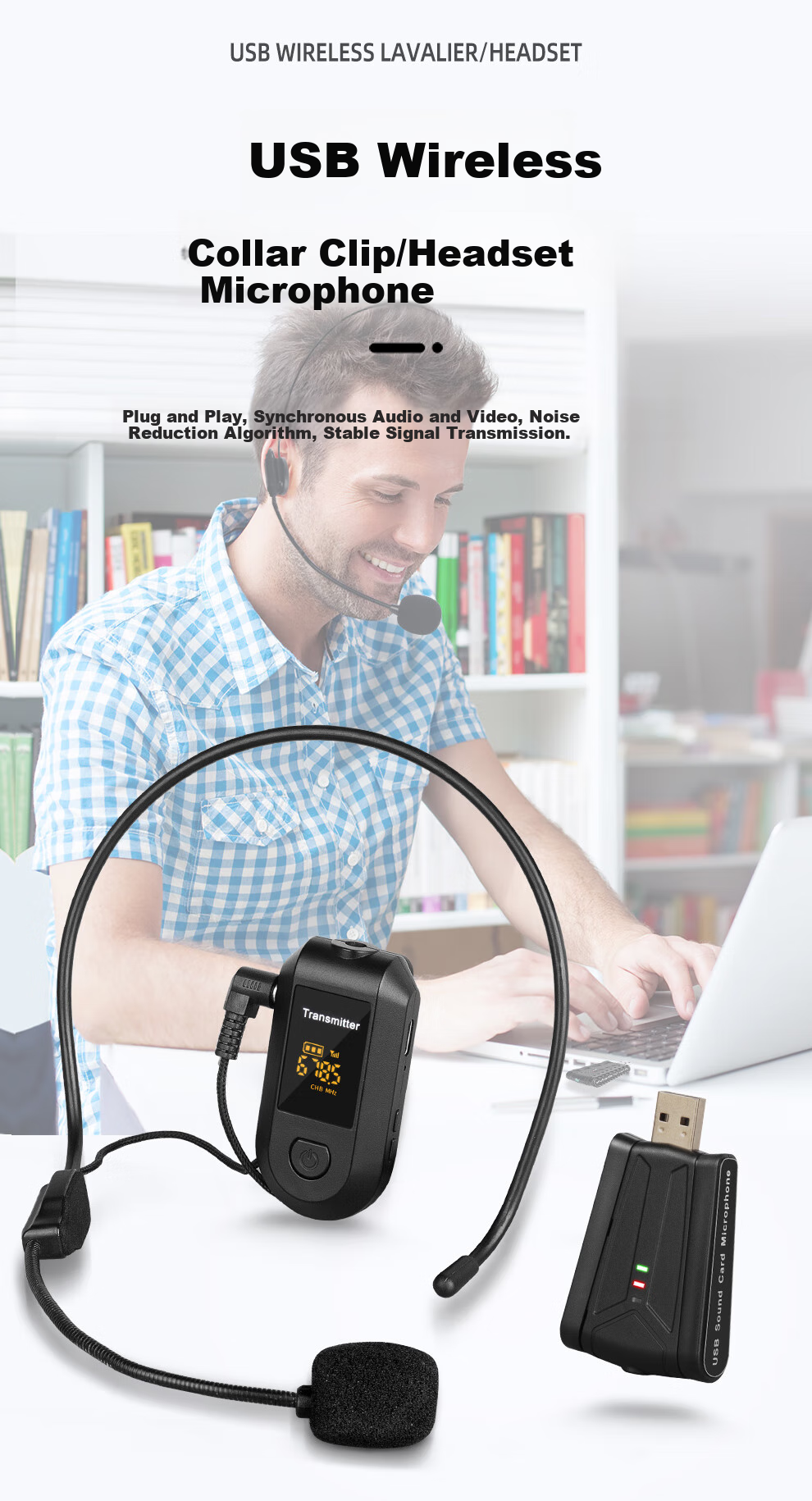 Depusheng USB Wireless Lavalier Microphone, Lapel Microphone for Computer And Laptop, Live Streaming, Video Conferencing, Online Classes, Recording, Karaoke, Noise Reduction, Headset Recording, All-In Teaching Device with Whiteboard Echo, QU9 1