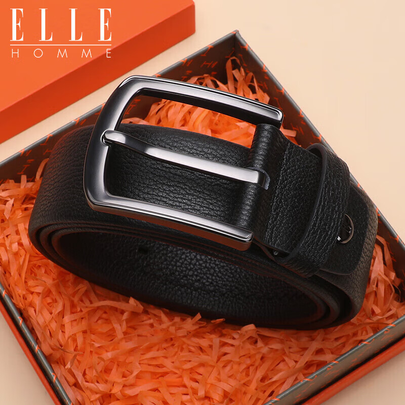 ELLE HOMME Men's Belt, Top-Grain Leather Pin Buckle Waistband, Fashionable Casual Trouser Belt for Men, 3515 Black Birthday Gift for Me
