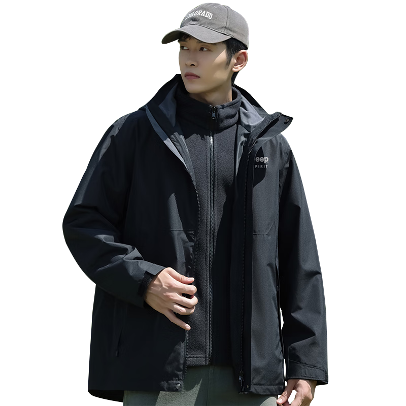 JEEP SPIRIT Men's Outdoor 3-in-1 Fleece Lined Waterproof Windproof Hiking Jacket Black 2XL