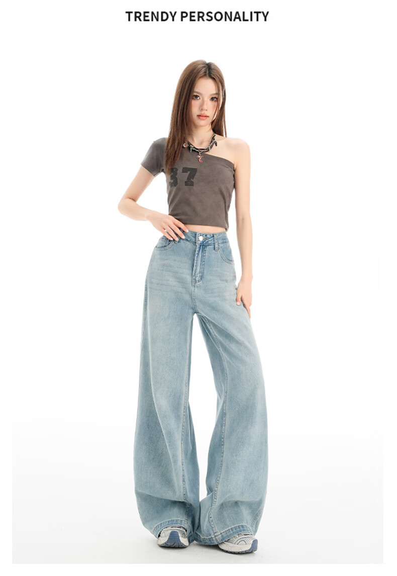Jeanswest Women's Summer Wide-Leg High-Waist Loose Draped Slimming Floor-Length Straight-Leg Vintage Blue Jeans L 4