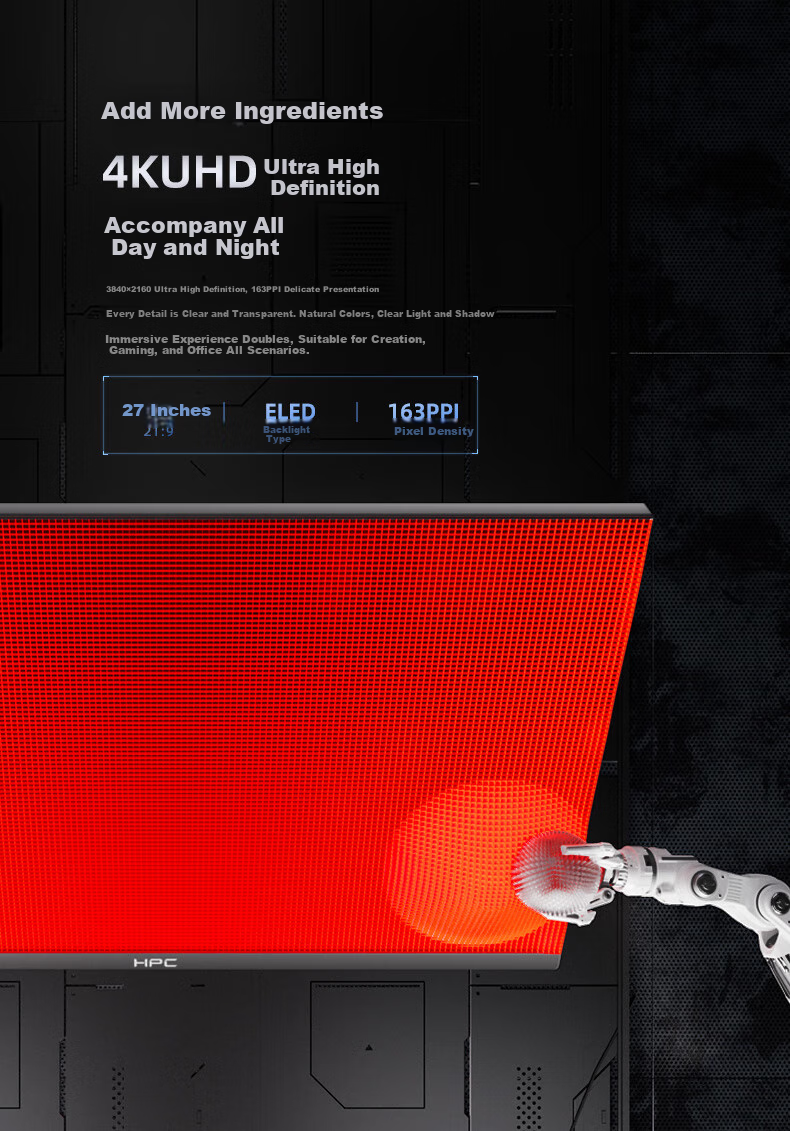 HPC 27-Inch 4K Monitor, 160Hz Refresh Rate, QD Quantum Dot Technology, Hardware Low Blue Light, HDR400, FastIPS, Rotatable And Height Adjustable Professional Gaming Display, 27G10U 3