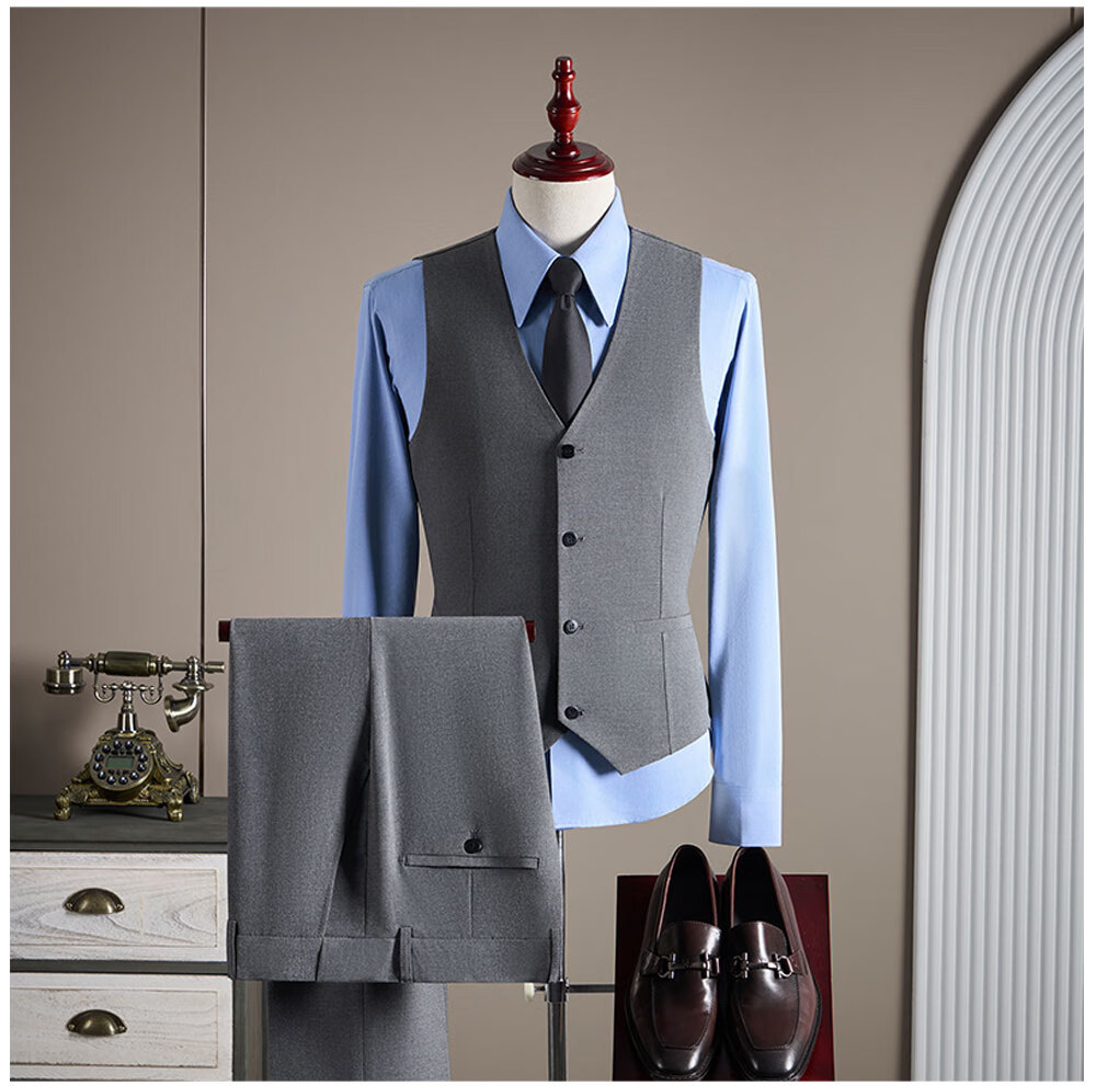 ROMON Men's Business Suit Set Blazer + Vest + Trousers Double-Breasted Casual Navy Blue 3XL 11