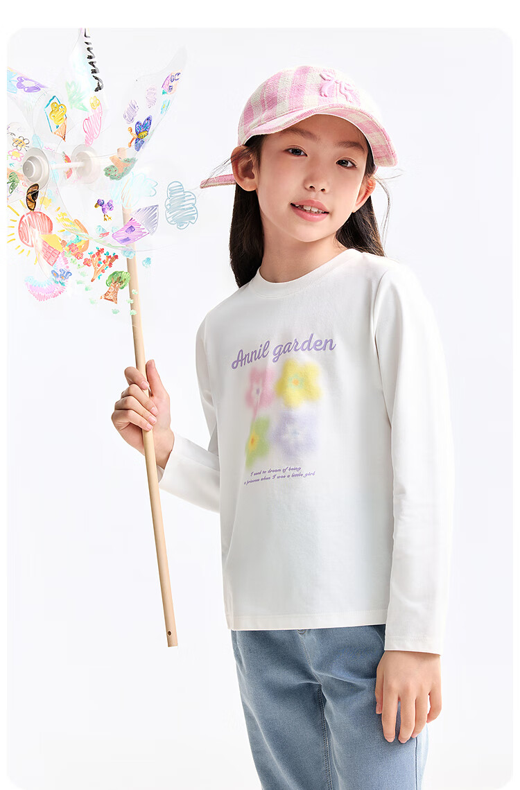 Annil Girls' Round Neck Long Sleeve T-Shirt 2025 Autumn New Pure Cotton Sports Base Shirt 4