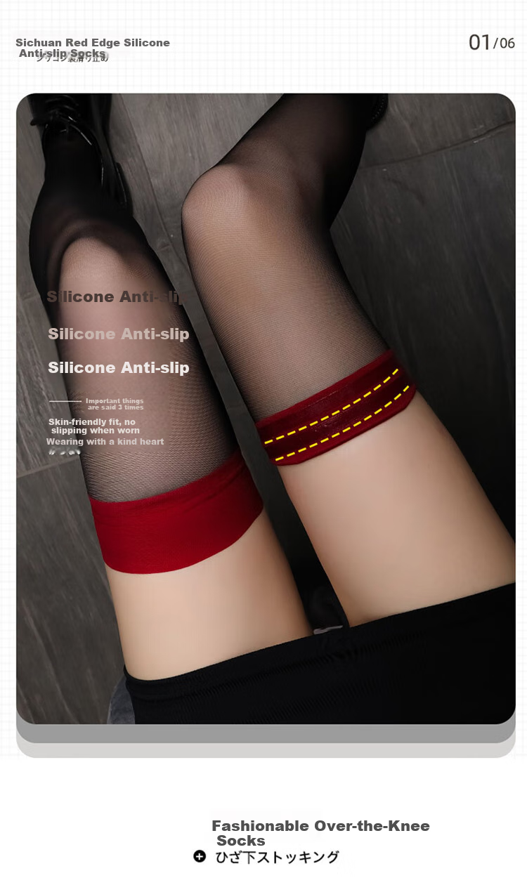 LangSha Red-Edged Black Stockings, Sexy Over-Knee Socks for Women, Ultra-Thin Summer Contrasting Color Half-Length Pure Desire Thigh-High Stockings, Red Edge 2 Pairs 3