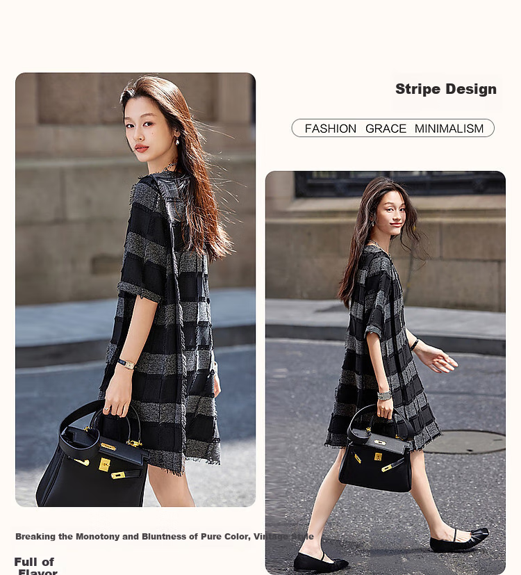 Dme [Beautiful Radar] Spring And Autumn French Chic Jacquard Tweed Tea Break Dress, Plaid Tassel Striped Dress 4