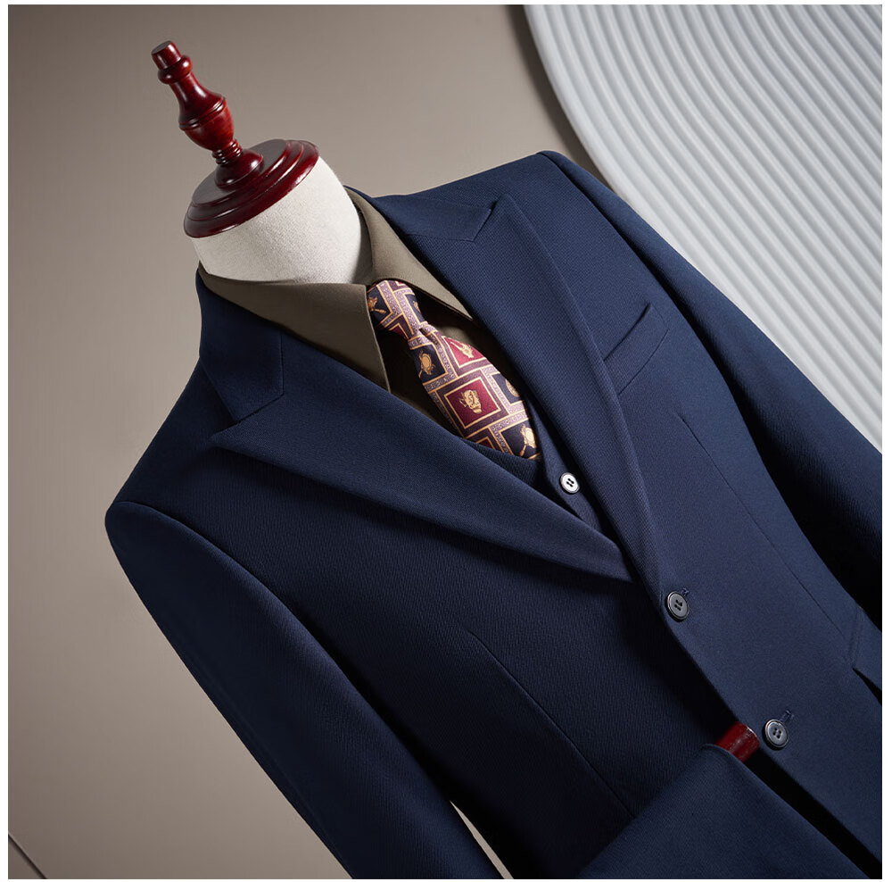 ROMON Men's Suit Set (Blazer + Vest + Trousers) Professional Formal Wool Coat Navy Blue 4XL 9