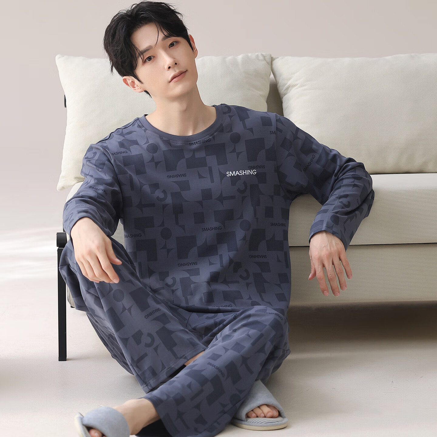 Yiershuang Men's Pure Cotton Autumn Winter Long Sleeve Long Pants Round Neck Pajama Set Homewear Fashion Plus Size
