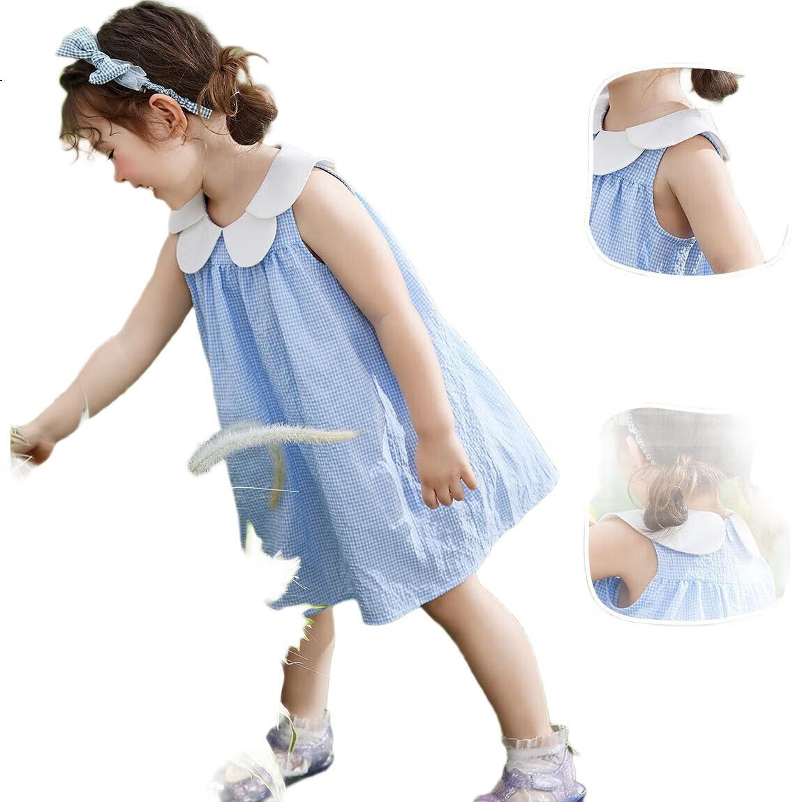 ASK JUNIOR Girls' Sleeveless Dress, Summer Thin Style, Toddler Petal Collar, Plaid Casual Dress, Blue, Size 130