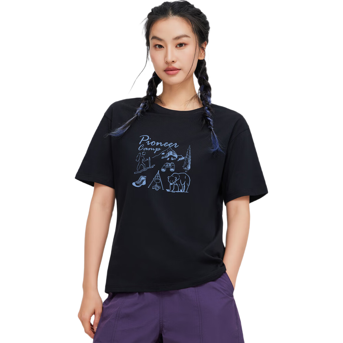 Toread Women's Cotton T-Shirt Summer New Trendy Printed Short Sleeve Casual Drop Shoulder Crew Neck Base Shirt Black S