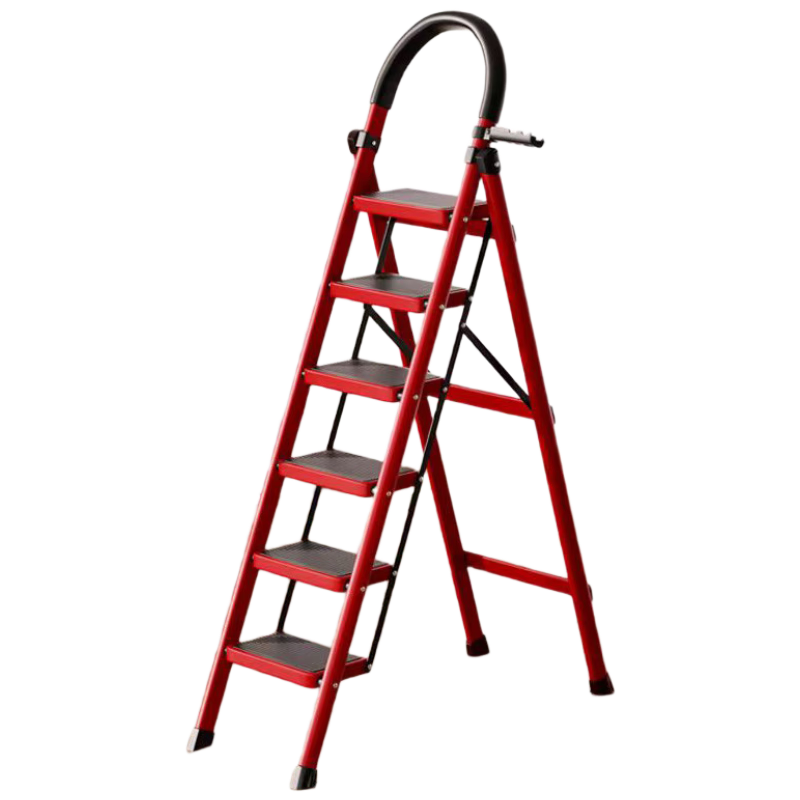 YuanNai Qiaoqian Household Folding Ladder Multi-Functional A-Frame Telescopic Thickened Indoor Stair Ladder - Red 6 Steps