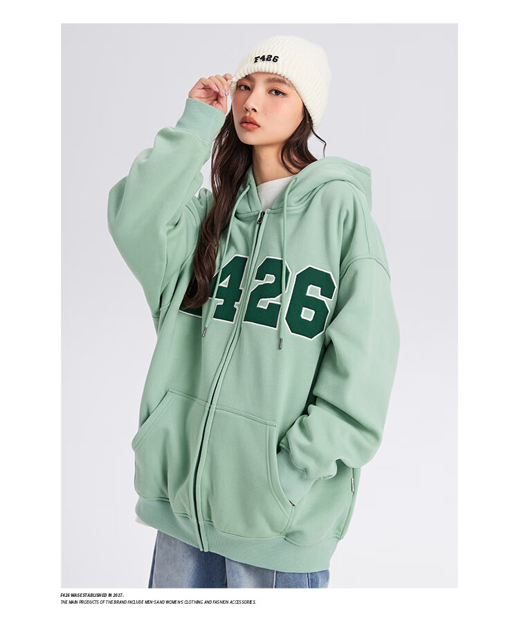 F426 Self-Operated Store National Trend Autumn Loose Versatile Couple Style Patchwork Embroidery Large LOGO Cardigan Sweatshirt Jacket, Light Green, L 11
