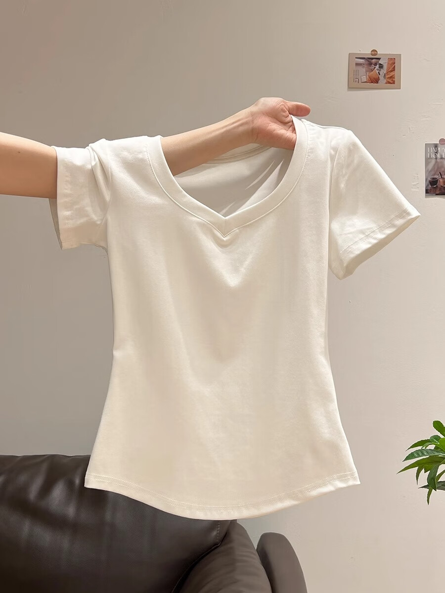 Woodpecker Solid Color V-Neck Slim Fit Short Sleeve T-Shirt Women Summer Simple Versatile Korean Style Slimming Top Heather Gray S 1