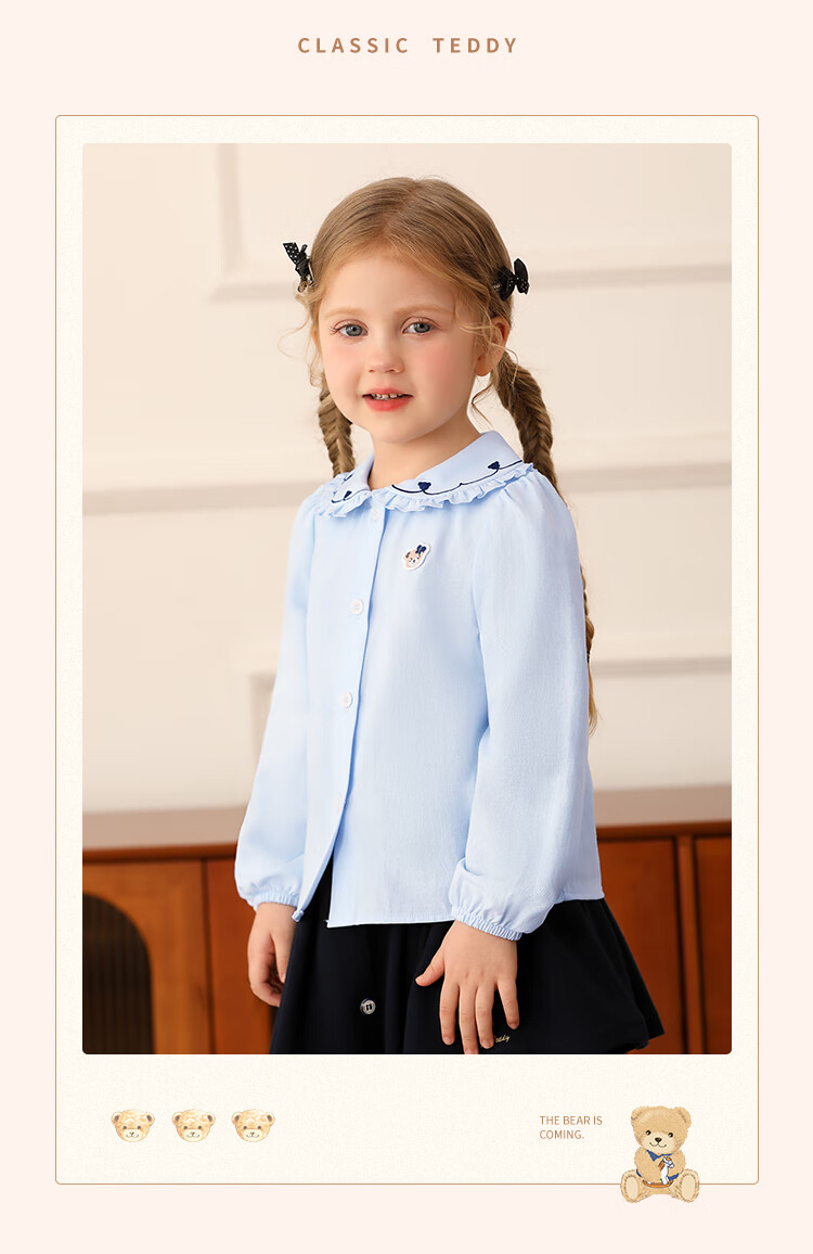 Classic Teddy Girls' Long Sleeve Shirt Children's Cotton Spring Casual Top Light Blue 110 4