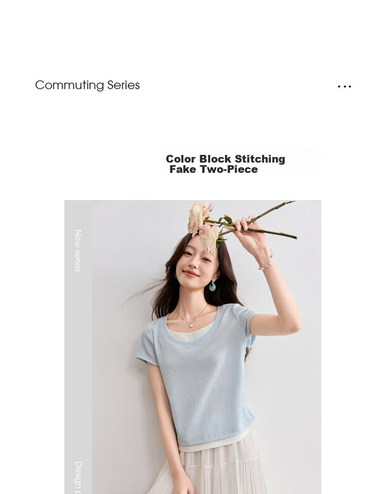 Sentubila Color Block Round Neck Waist Side Pleated Short Sleeve Textured T-Shirt for Women, Summer Commute Fashion Elegant Versatile Top 2