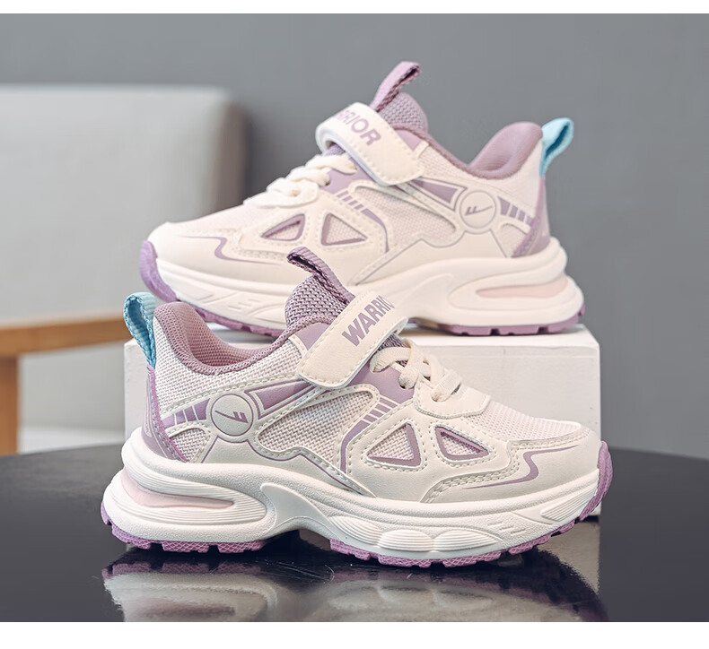 Warrior Girls' Spring and Autumn Mesh Breathable Soft Sole Children's Sports Shoes WZ(CL)-1121 Beige/Pink/Purple Size 34 14