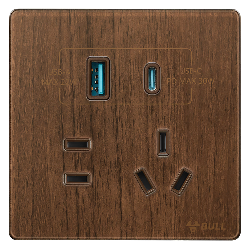 BULL Vintage Switch Socket Acrylic Ultra-thin Panel Five-hole Type-C 30W Fast Charging G70E537 Walnut Color