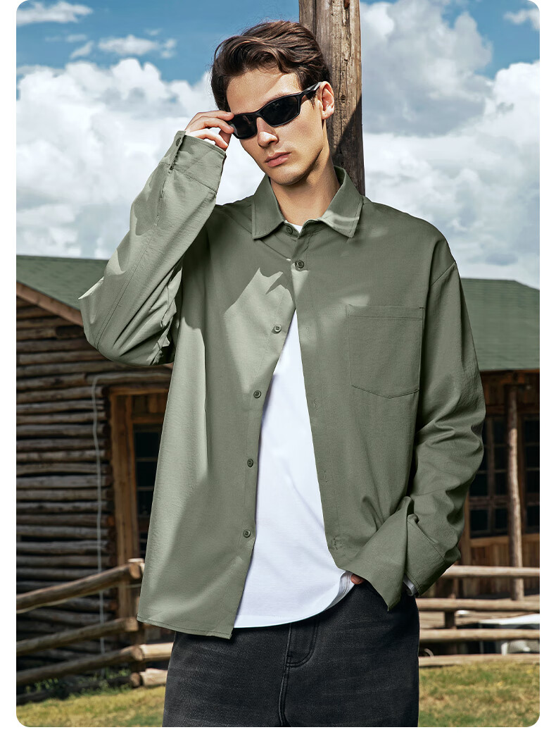 JEEP SPIRIT Men's Spring Long Sleeve Shirt Set American Style Lapel Shirt Casual Pants Retro Loose Trendy Two-Piece Set 2
