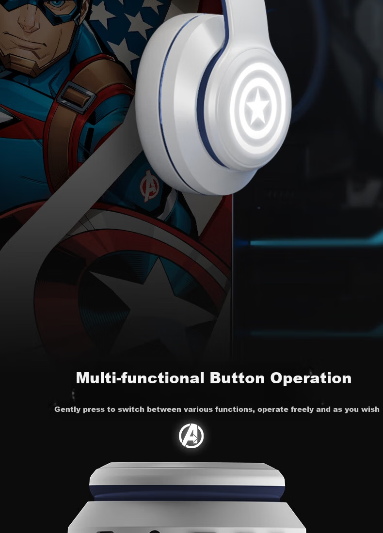 DISNEY Marvel Official Authorized Wireless Bluetooth Headphones, Over-Ear Gaming Music Sports Earphones MR02 Upgraded Version, Captain America Edition, Compatible with Apple, Xiaomi, Huawei 12