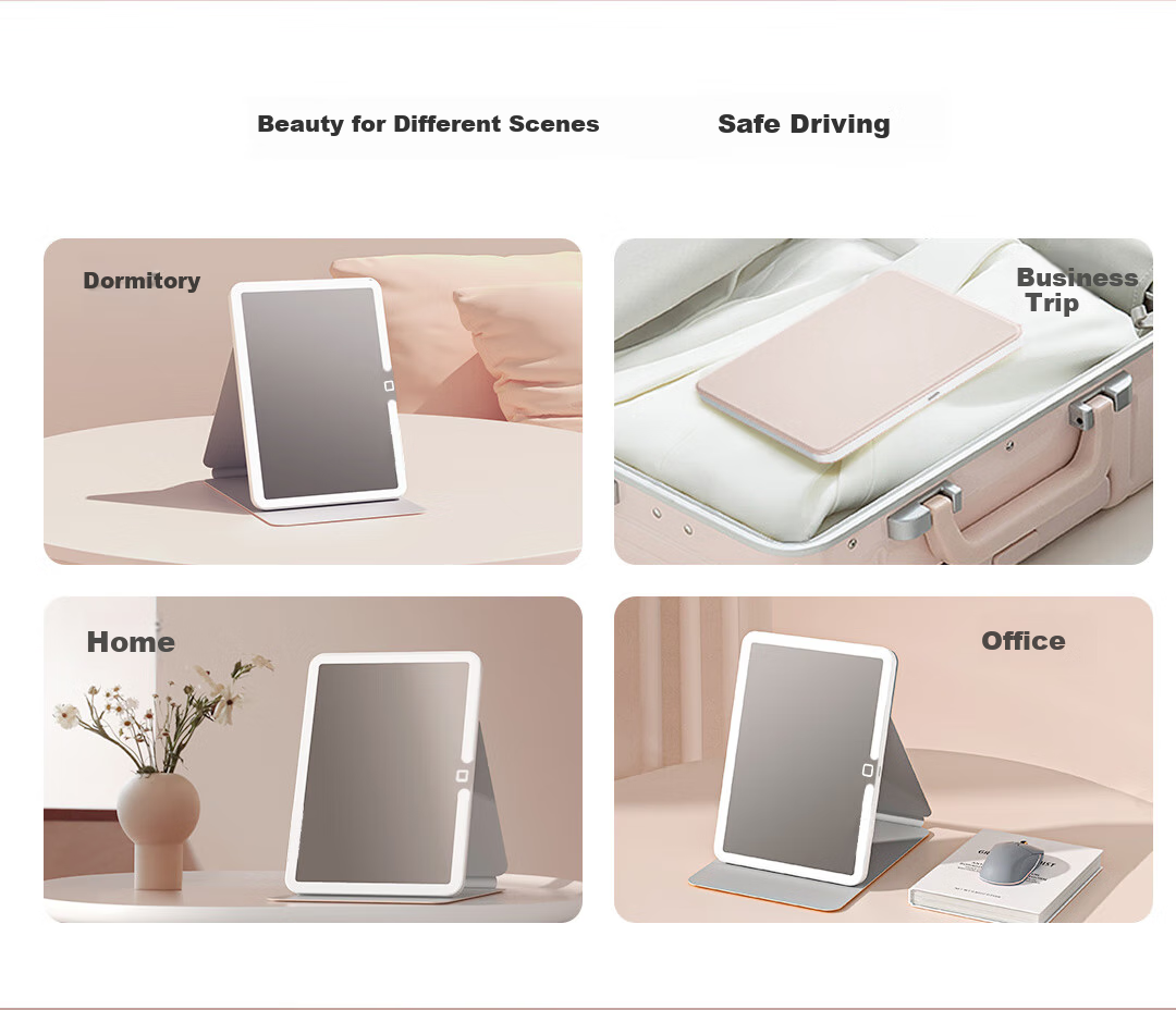 Meebordi Mirror Makeup Mirror with LED Light, Leather Student Folding Dressing Mirror, Portable Desktop Dorm Beauty Equipment, Birthday Gift, Cream White 5