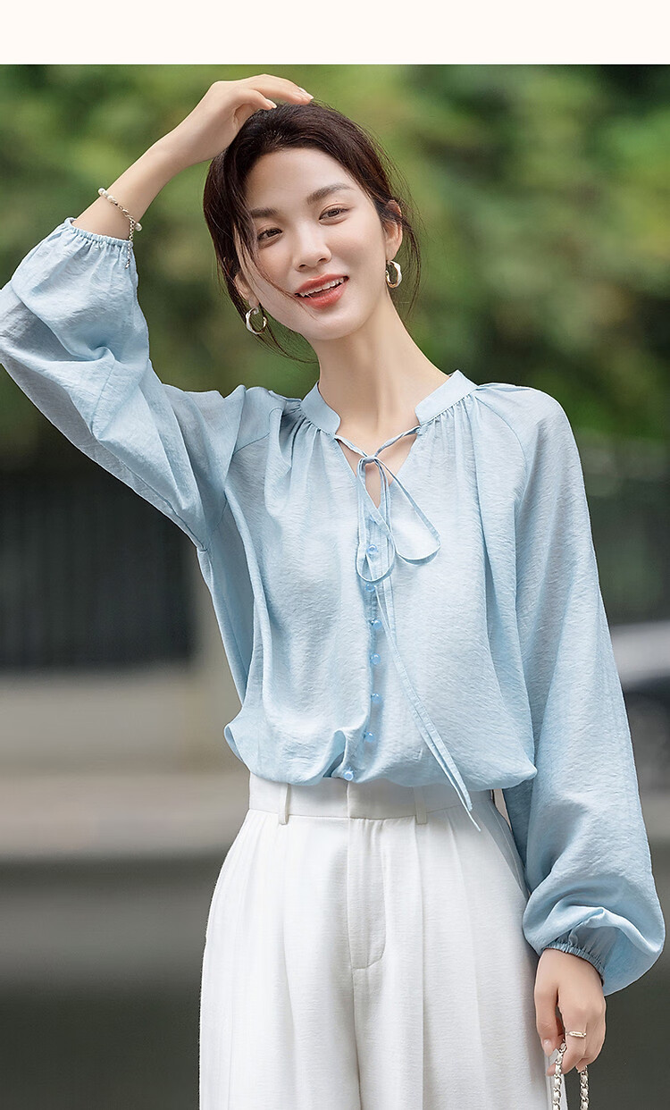 Demana [Simple Life] Spring and Autumn Lightweight Oxygen Linen Lyocell Blend Elegant V-Neck Ribbon Pocket Sleeve Women's Shirt 24