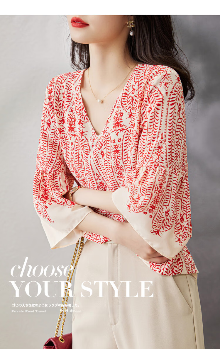 Dme [Chiffon Hibiscus Linen Shirt] Summer V-Neck Three-Quarter Sleeve Paisley Print Blouse Women's Top 1