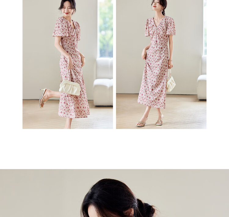 Sentubila V-Neck Trumpet Sleeve Floral Print Dress for Women, Summer Waist-Cinching Slimming A-Line Floral Dress, Romantic Mid-Length Dress with Rose Patter 18