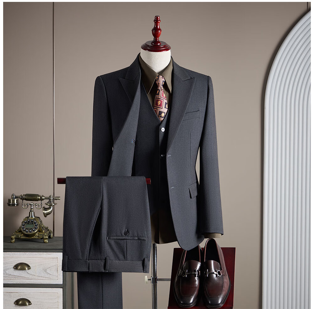 ROMON Men's Suit Set (Blazer + Vest + Trousers) Professional Formal Wool Coat Navy Blue 4XL 1
