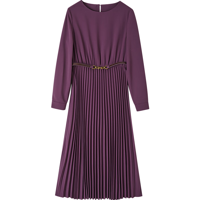 DemnaăElegant French LadyăAutumn Smooth Elastic Waist Pleated Skirt Wrinkled Belt Women's Dress