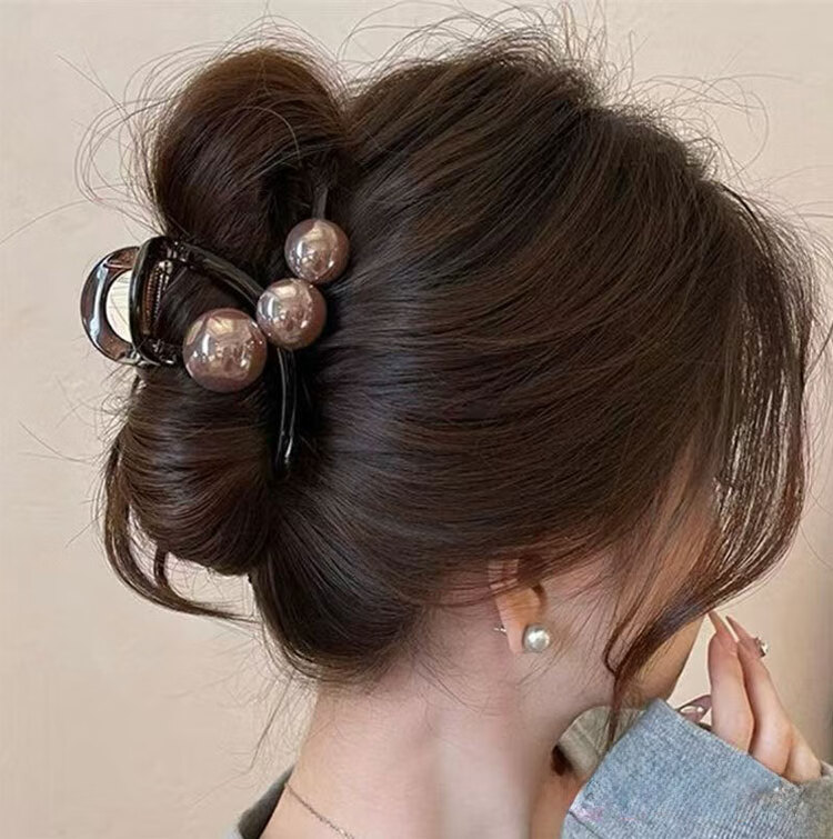 Liqing French Elegant Pearl Shark Clip Hair Claw, High-End Bun Maker, Volumizing Back of Head Hair Clip for Women, Deep Brown, Approximately 8cm 4
